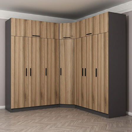 Minar Kale 7 Kapaklı 4 Ç Köşe Dolap + Yüklük Antrasit Dore 235CM