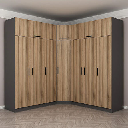 Minar Kale 7 Kapaklı 4 Ç Köşe Dolap + Yüklük Antrasit Dore 235CM