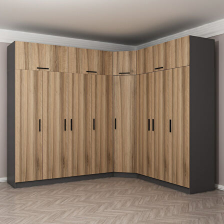 Minar Kale 8 Kapaklı 4 Ç Köşe Dolap + Yüklük Antrasit Dore 235CM