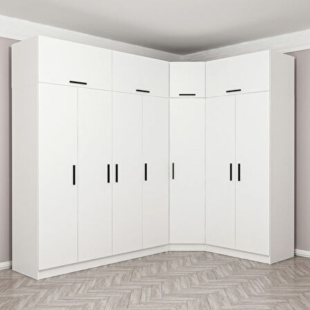 Minar Kale 7 Kapaklı 2 Ç Köşe Dolap + Yüklük Beyaz 235CM