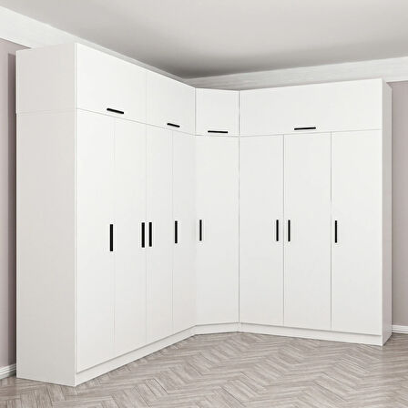 Minar Kale 8 Kapaklı 4 Ç Köşe Dolap + Yüklük Beyaz 235CM