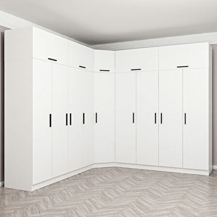 Minar Kale 9 Kapaklı 4 Ç Köşe Dolap + Yüklük Beyaz 235CM