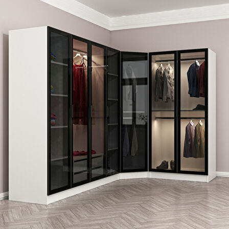 Kale 7 Füme Cam Kapaklı 2Ç Köşe Dolap Beyaz Füme Cam 210CM