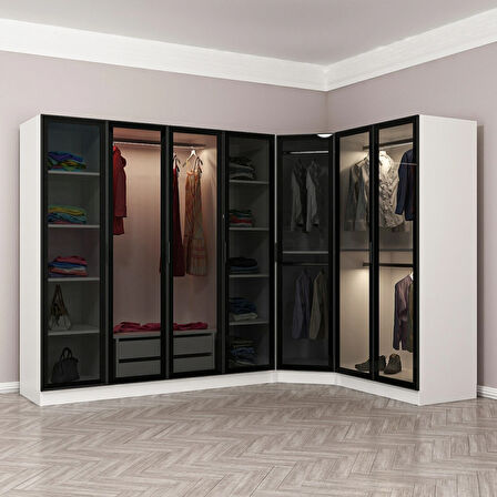 Kale 7 Füme Cam Kapaklı 2Ç Köşe Dolap Beyaz Füme Cam 210CM