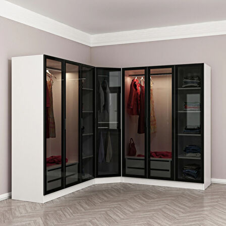 Kale 7 Füme Cam Kapaklı 4Ç Köşe Dolap Beyaz Füme Cam 210CM