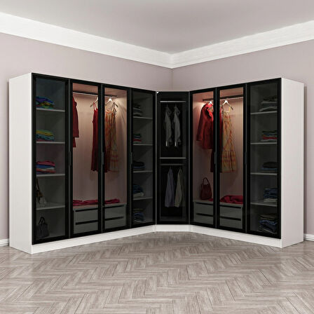 Kale 8 Füme Cam Kapaklı 4Ç Köşe Dolap Beyaz Füme Cam 210CM