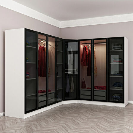 Kale 8 Füme Cam Kapaklı 4Ç Köşe Dolap Beyaz Füme Cam 210CM