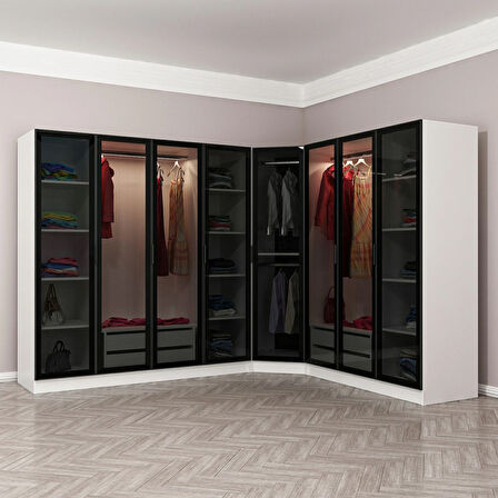 Kale 8 Füme Cam Kapaklı 4Ç Köşe Dolap Beyaz Füme Cam 210CM