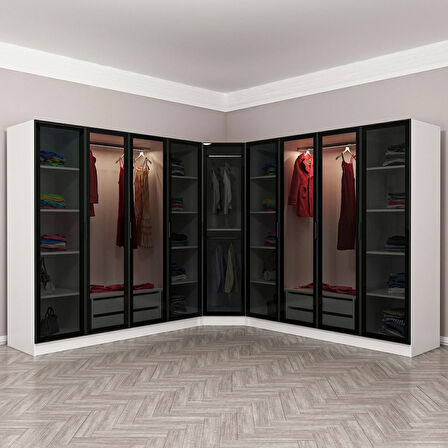 Kale 9 Füme Cam Kapaklı 4Ç Köşe Dolap Beyaz Füme Cam 210CM