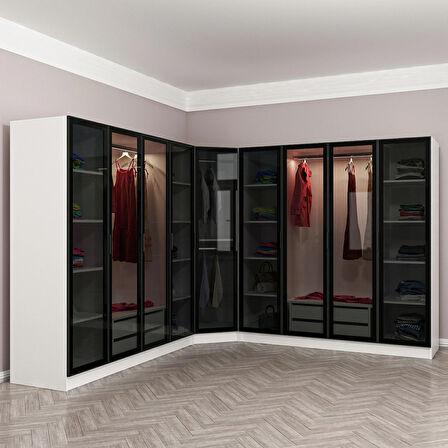 Kale 9 Füme Cam Kapaklı 4Ç Köşe Dolap Beyaz Füme Cam 210CM