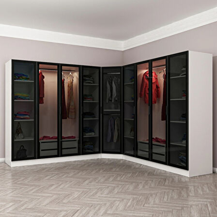 Kale 9 Füme Cam Kapaklı 4Ç Köşe Dolap Beyaz Füme Cam 210CM