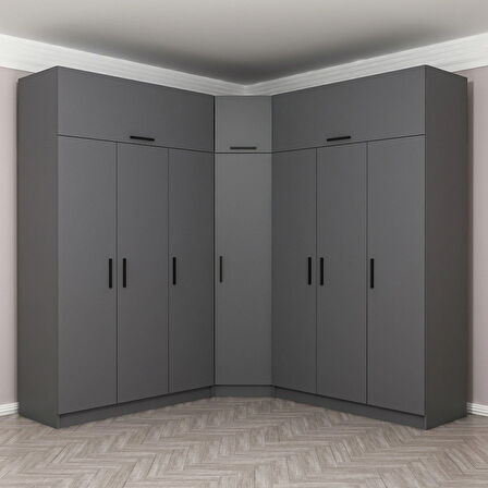 Minar Kale 7 Kapaklı 4 Ç Köşe Dolap + Yüklük Antrasit 255CM
