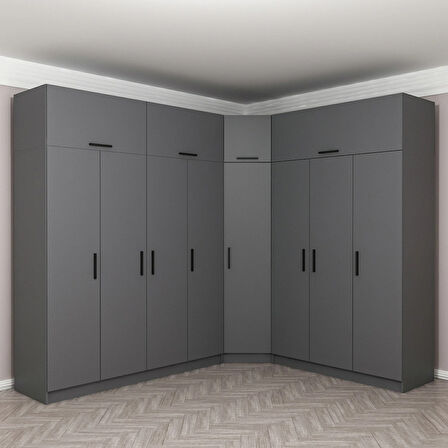 Minar Kale 8 Kapaklı 4 Ç Köşe Dolap + Yüklük Antrasit 255CM