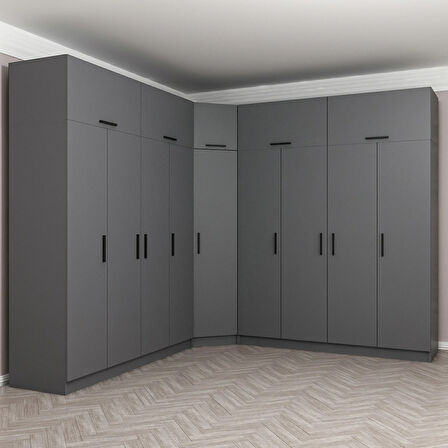 Minar Kale 9 Kapaklı 4 Ç Köşe Dolap + Yüklük Antrasit 255CM