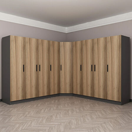 Minar Kale 9 Kapaklı 4 Ç Köşe Dolap Antrasit Dore 210CM