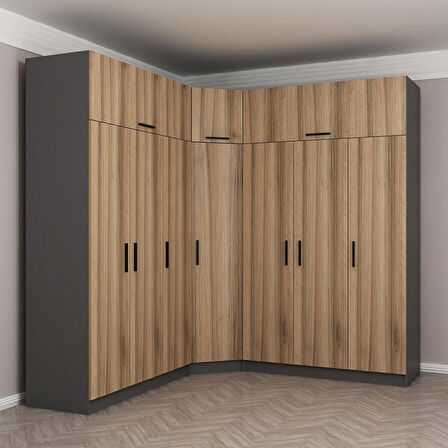 Minar Kale 7 Kapaklı 4 Ç Köşe Dolap + Yüklük Antrasit Dore 255CM