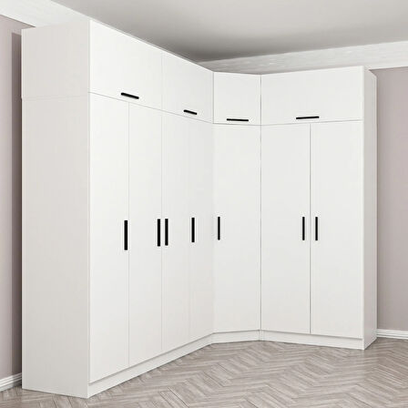 Minar Kale 7 Kapaklı 2 Ç Köşe Dolap + Yüklük Beyaz 255CM