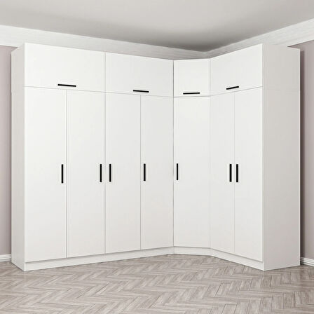 Minar Kale 7 Kapaklı 2 Ç Köşe Dolap + Yüklük Beyaz 255CM