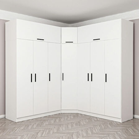 Minar Kale 7 Kapaklı 4 Ç Köşe Dolap + Yüklük Beyaz 255CM