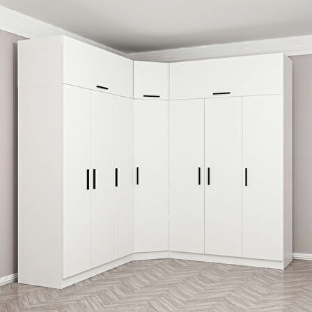 Minar Kale 7 Kapaklı 4 Ç Köşe Dolap + Yüklük Beyaz 255CM