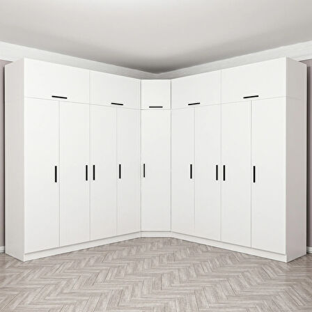 Minar Kale 9 Kapaklı 4 Ç Köşe Dolap + Yüklük Beyaz 255CM