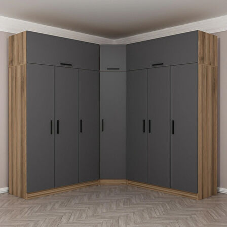 Minar Kale 7 Kapaklı 4 Ç Köşe Dolap + Yüklük Dore Antrasit 255CM