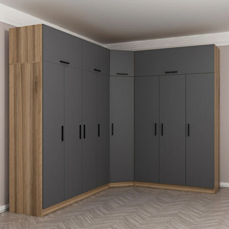 Minar Kale 8 Kapaklı 4 Ç Köşe Dolap + Yüklük Dore Antrasit 255CM