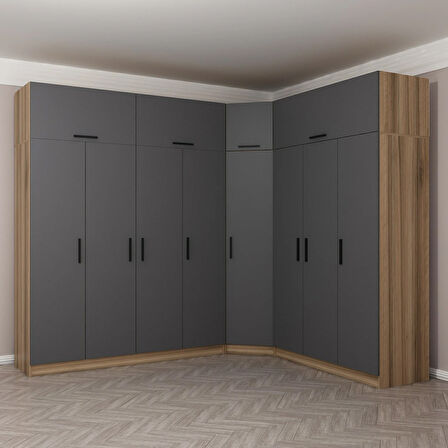 Minar Kale 8 Kapaklı 4 Ç Köşe Dolap + Yüklük Dore Antrasit 255CM