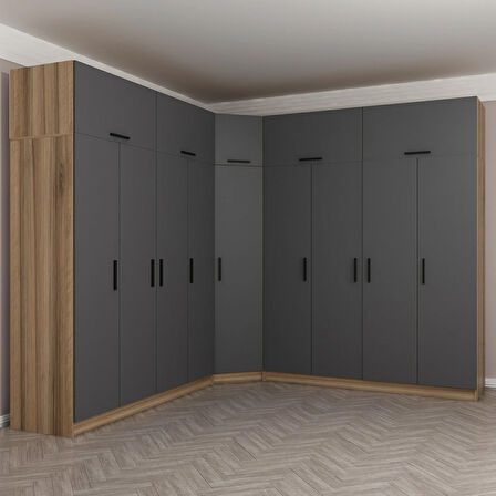 Minar Kale 9 Kapaklı 4 Ç Köşe Dolap + Yüklük Dore Antrasit 255CM