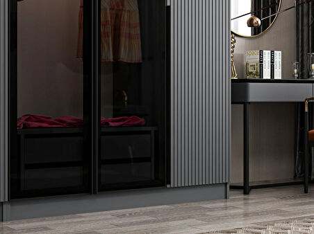 Kale Plus 5 Mebran Kapaklı 2Ç Dolap Antrasit Mebran Füme Cam 210CM