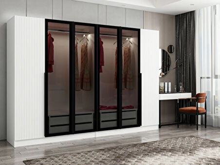 Kale Plus 6 Mebran Kapaklı 4Ç Dolap Beyaz Mebran Füme Cam 210CM