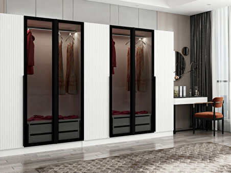 Kale Plus 7 Mebran Kapaklı 4Ç Dolap Beyaz Mebran Füme Cam 210CM