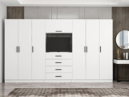 Kale 6 Kapaklı 8 Çekmeceli Tv Modüllü Dolap Beyaz 210CM