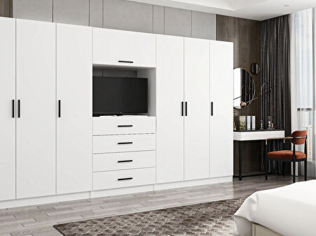 Kale 6 Kapaklı 8 Çekmeceli Tv Modüllü Dolap Beyaz 210CM