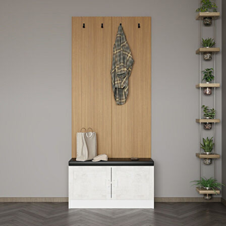 Minar Kale Dekor Panel Ayakkabılık Minderli Beyaz Eskitme Beyaz