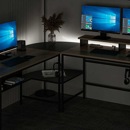 Minar Greta RGB Led Işıklı L Köşe Çalışma Masası - Dore/Siyah