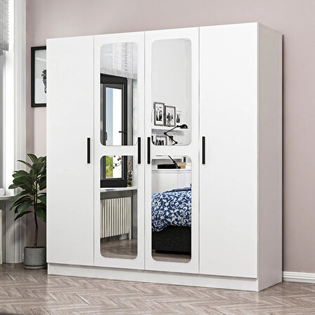 Minar Kale 4 Kapak Aynalı 2 Çekmece Zincir Dolap - Beyaz 190CM