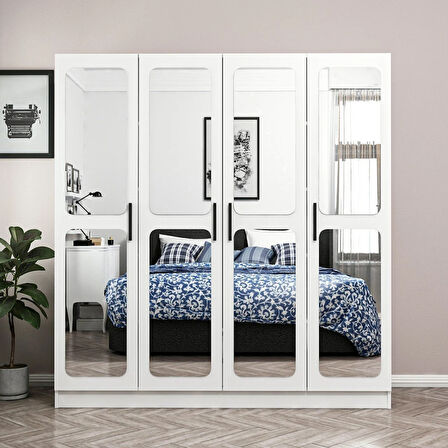 Minar Kale 4 Kapak Aynalı 2 Çekmece Zincir Dolap - Beyaz 190CM