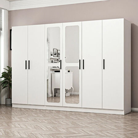 Minar Kale 6 Kapak Aynalı 2 Çekmece Zincir Dolap - Beyaz 190CM