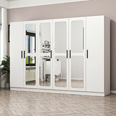 Minar Kale 6 Kapak Aynalı 2 Çekmece Zincir Dolap - Beyaz 190CM