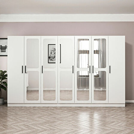 Minar Kale 7 Kapak Aynalı 4 Çekmece Zincir Dolap - Beyaz 190CM