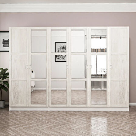 Minar Kale Country 6 Kapak Aynalı 2 Ç Zincir Dolap - E.Beyaz 190CM