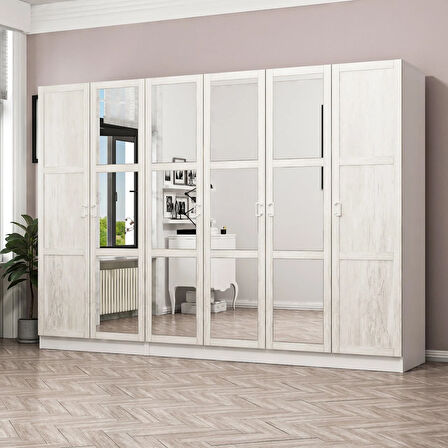 Minar Kale Country 6 Kapak Aynalı 2 Ç Zincir Dolap - E.Beyaz 190CM