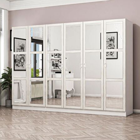 Minar Kale Country 6 Kapak Aynalı 2 Ç Zincir Dolap - E.Beyaz 190CM