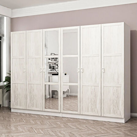 Minar Kale Country 6 Kapak Aynalı 4 Ç Zincir Dolap - E.Beyaz 190CM