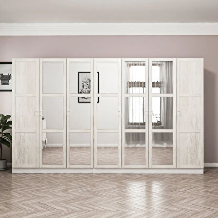 Minar Kale Country 7 Kapak Aynalı 4 Ç Zincir Dolap - E.Beyaz 190CM