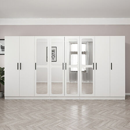 Kale 8 Kapak Aynalı 4 Çekmece Zincir Dolap - Beyaz 190CM