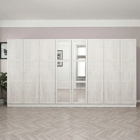 Kale Country 8 Kapak Aynalı 2Ç Zincir Dolap - Eskitme Beyaz 190CM