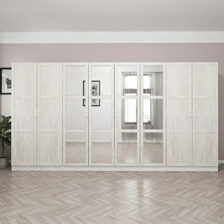 Kale Country 8 Kapak Aynalı 2Ç Zincir Dolap - Eskitme Beyaz 190CM