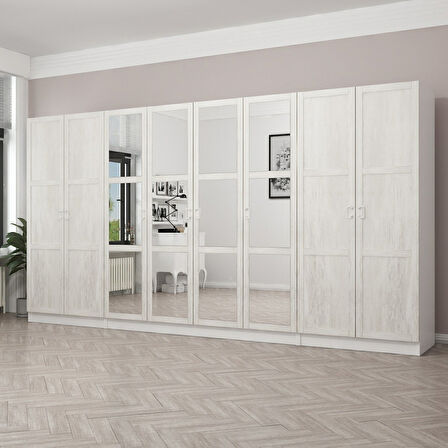 Kale Country 8 Kapak Aynalı 2Ç Zincir Dolap - Eskitme Beyaz 190CM